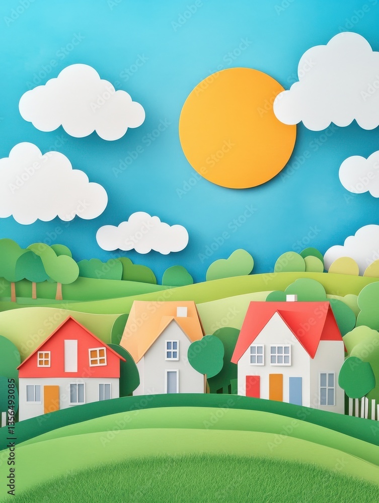 Fototapeta premium Charming paper cutout houses with a bright sun and fluffy clouds, showcasing a peaceful countryside landscape.