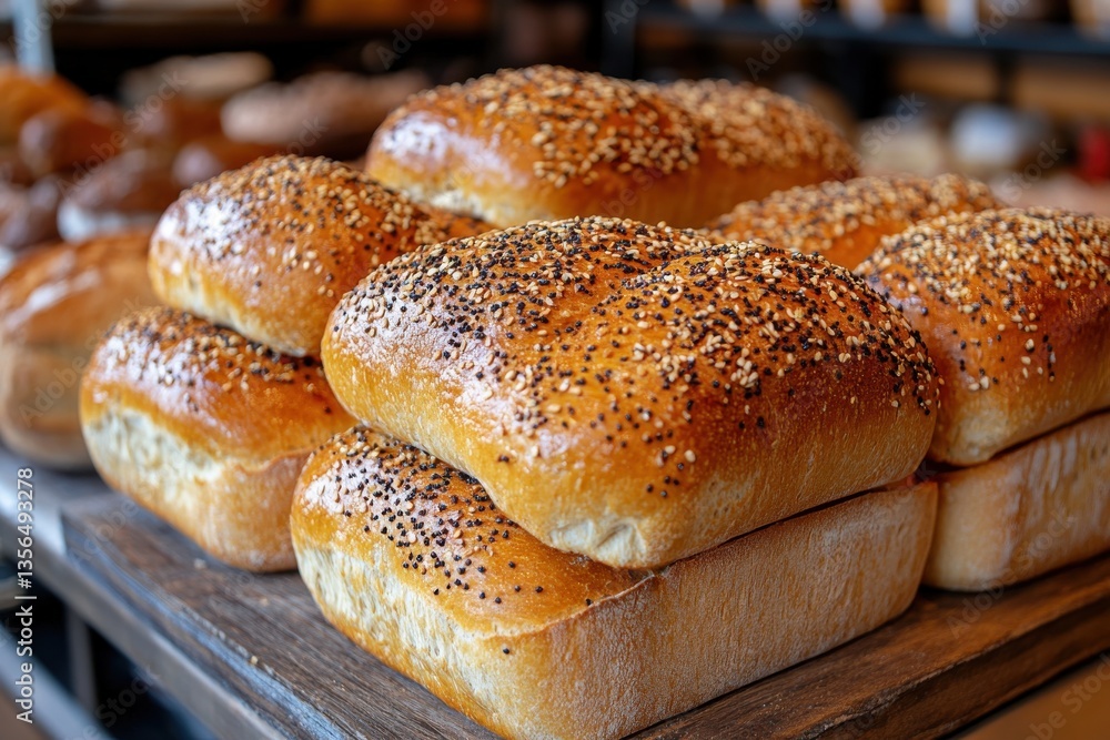 Freshly Baked Seeded Bread Loaves on Display in a Cozy Bakery Setting Freshly Baked Seeded Bread Loaves on Display in a Cozy Bakery Setting