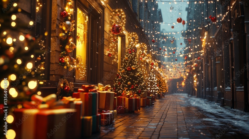 Obraz premium On Christmas Eve, the streets are decorated with holiday lights and decorations, and there are many gift boxes along the streets. The soft lighting, looking up angle, strong sense of depth, soft warm 
