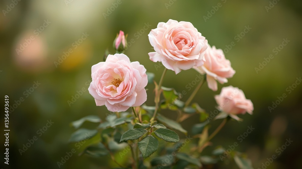 Delicate Pink Roses Blooming in a Serene Garden Setting with Soft Background Blur, Symbolizing Love and Beauty in Nature Delicate Pink Roses Blooming in a Serene Garden Setting with Soft Background Blur, Symbolizing Love and Beauty in Nature