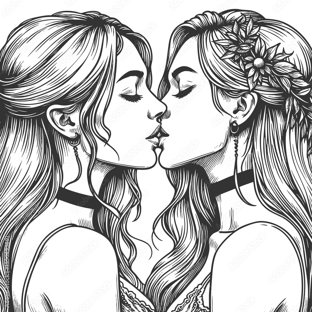 Naklejka premium woman kissing her mirrored reflection. Elegant and surreal artwork with intricate line details sketch engraving generative ai raster illustration. Scratch board imitation. Black and white image.