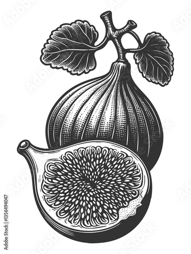 Fig Fruit and Leaf raster illustration