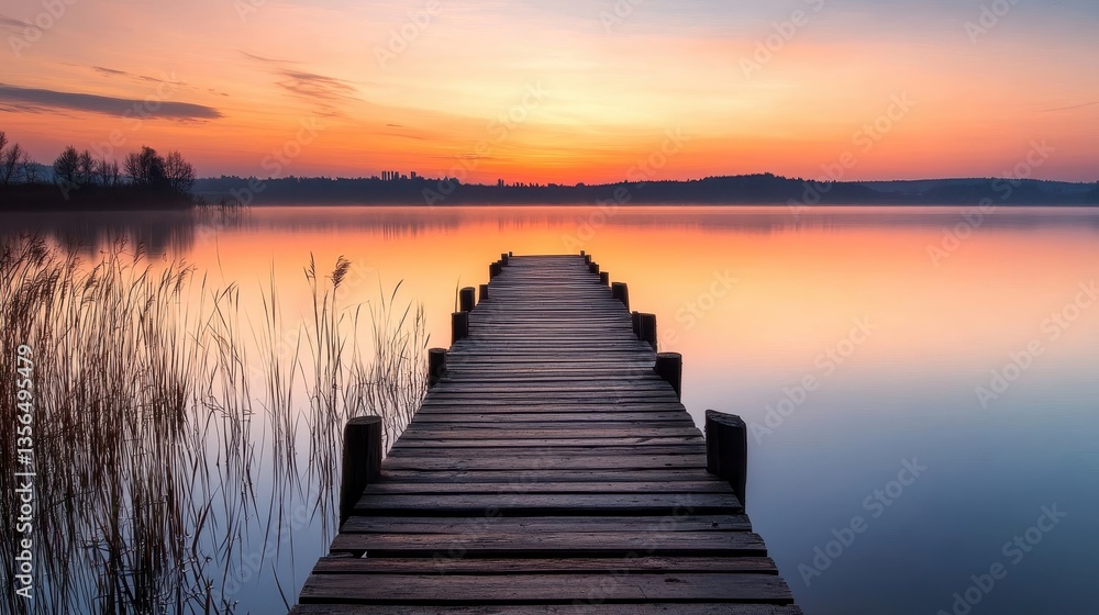 Obraz premium Wooden pier extends into calm lake waters during beautiful sunset