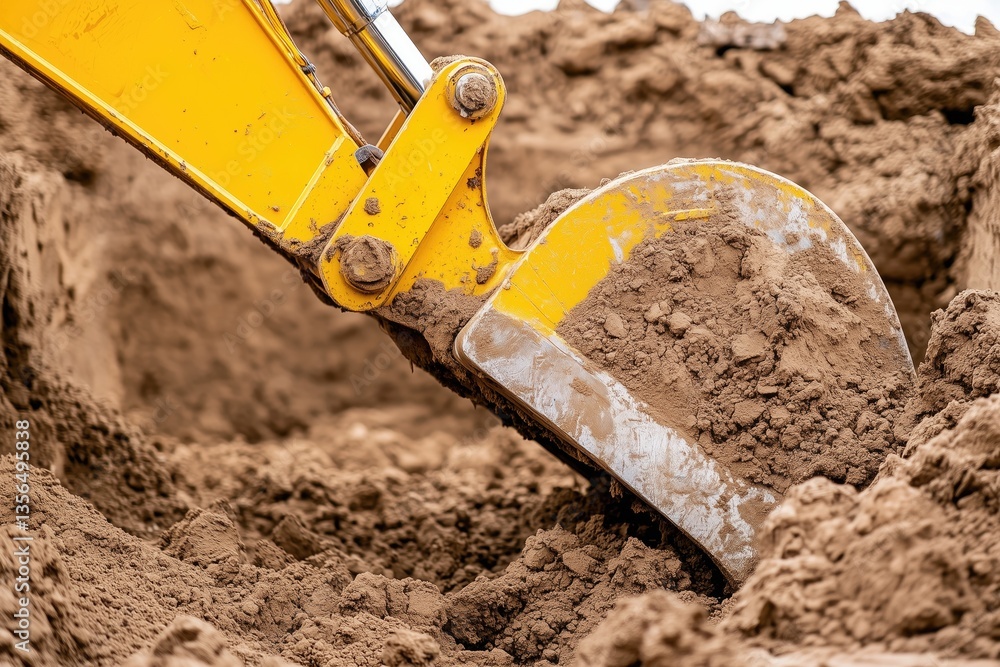 Close-up of yellow excavator bucket digging into earth at construction site Close-up of yellow excavator bucket digging into earth at construction site