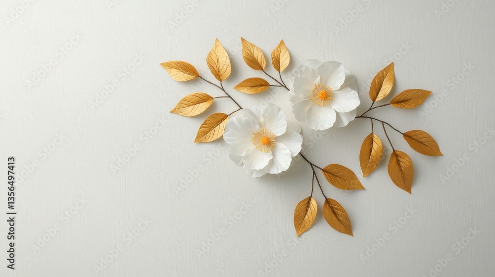 Obraz premium Elegant Floral Arrangement with White Flowers and Gold Leaves on a Soft Neutral Background for Home Decor and Craft Projects