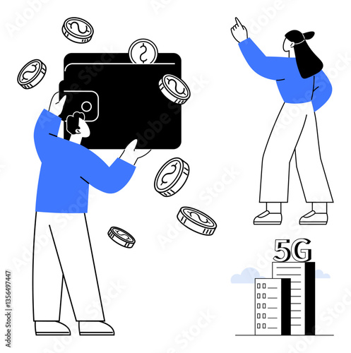 People interacting with financial and technology concepts, including a giant wallet, coins, and a 5G tower. Ideal for finance, savings, technology, investment, digital payments mobile networks
