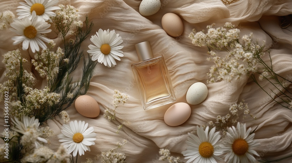 A serene, nature-inspired flat lay features a minimalist glass perfume bottle nestled in softly crinkled beige linen fabric A serene, nature-inspired flat lay features a minimalist glass perfume bottle nestled in softly crinkled beige linen fabric
