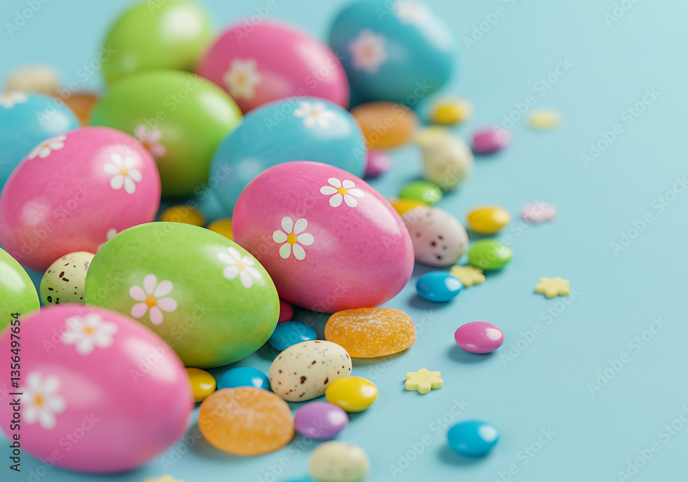 Cheerful Easter eggs adorned with daisies mingle with colorful candies on a blue background. Cheerful Easter eggs adorned with daisies mingle with colorful candies on a blue background.