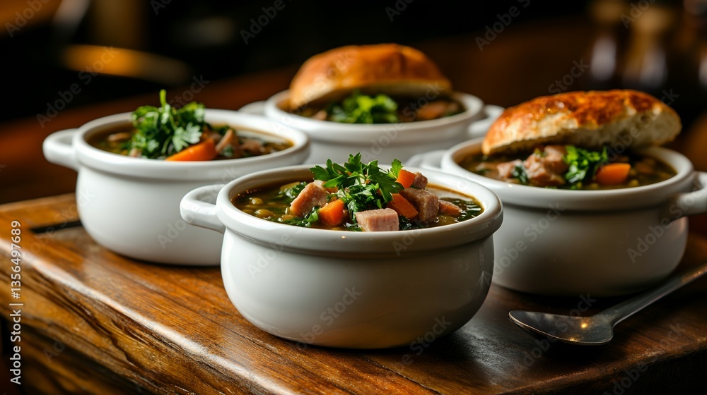 split pea soup served hot with visible chopped vegetables split pea soup served hot with visible chopped vegetables