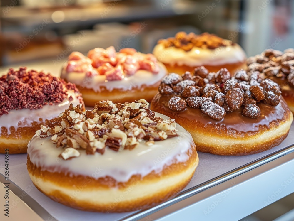 Colorful doughnuts with chocolate, sprinkles, and icing on display in a bakery or coffee shop's glass counter Colorful doughnuts with chocolate, sprinkles, and icing on display in a bakery or coffee shop's glass counter