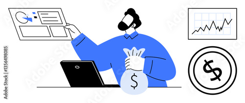 Businessperson holding money bag, analyzing data on laptop, reviewing charts, and financial reports. Ideal for finance, investment, business growth, data analysis income savings and strategy. Flat
