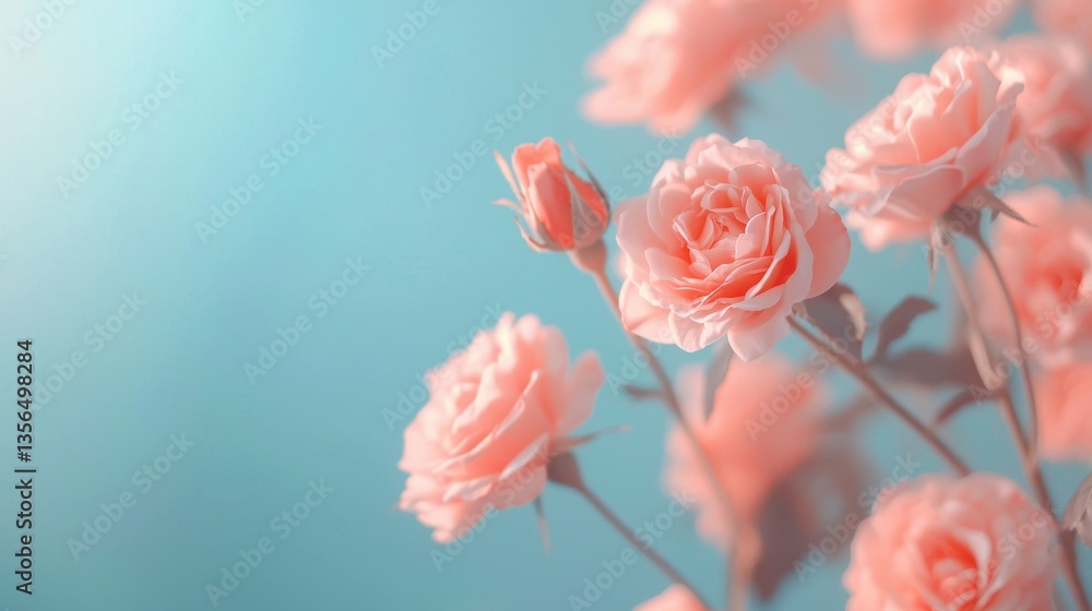 Obraz premium Delicate Pink Roses Against a Soft Blue Background, Capturing the Essence of Springtime Beauty and Floral Elegance in Blooming Arrangement