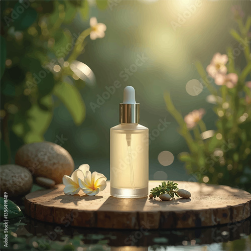 3d realistic serum mockups, without label, serum mockup in nature, nature background, realistic cosmetic mockups, flowers, plants, petals, wood, cosmetic products, serum bottle, cosmetic bottles
