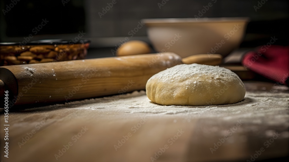 Freshly Dusted Dough Awaiting Transformation on a Sunlit Kitchen Counter, Ready for Baking Freshly Dusted Dough Awaiting Transformation on a Sunlit Kitchen Counter, Ready for Baking