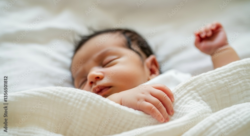 Peaceful newborn sleeping under soft white blanket in bright room Peaceful newborn sleeping under soft white blanket in bright room