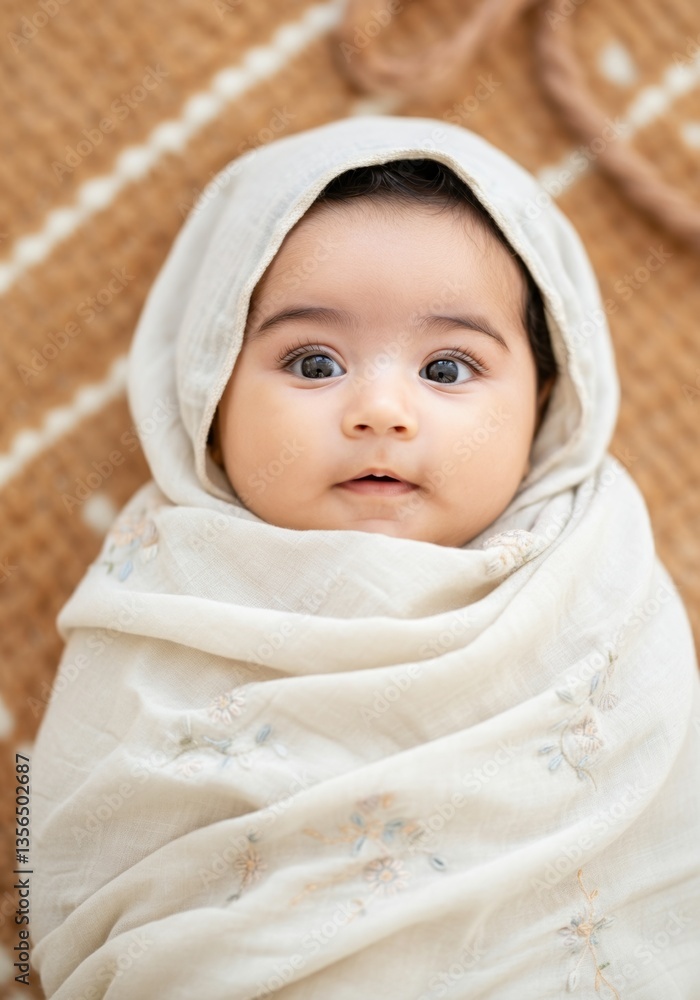 Adorable baby wrapped in cream blanket on patterned rug Adorable baby wrapped in cream blanket on patterned rug