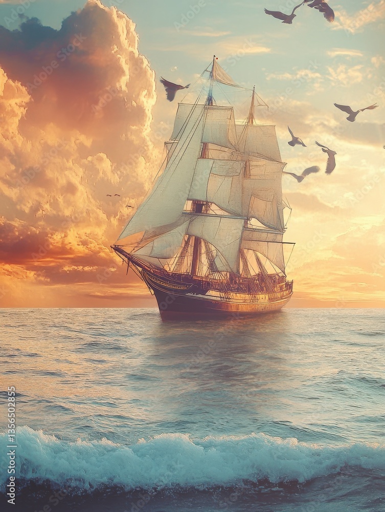 Obraz premium A vintage painting of a sailing ship on the open sea