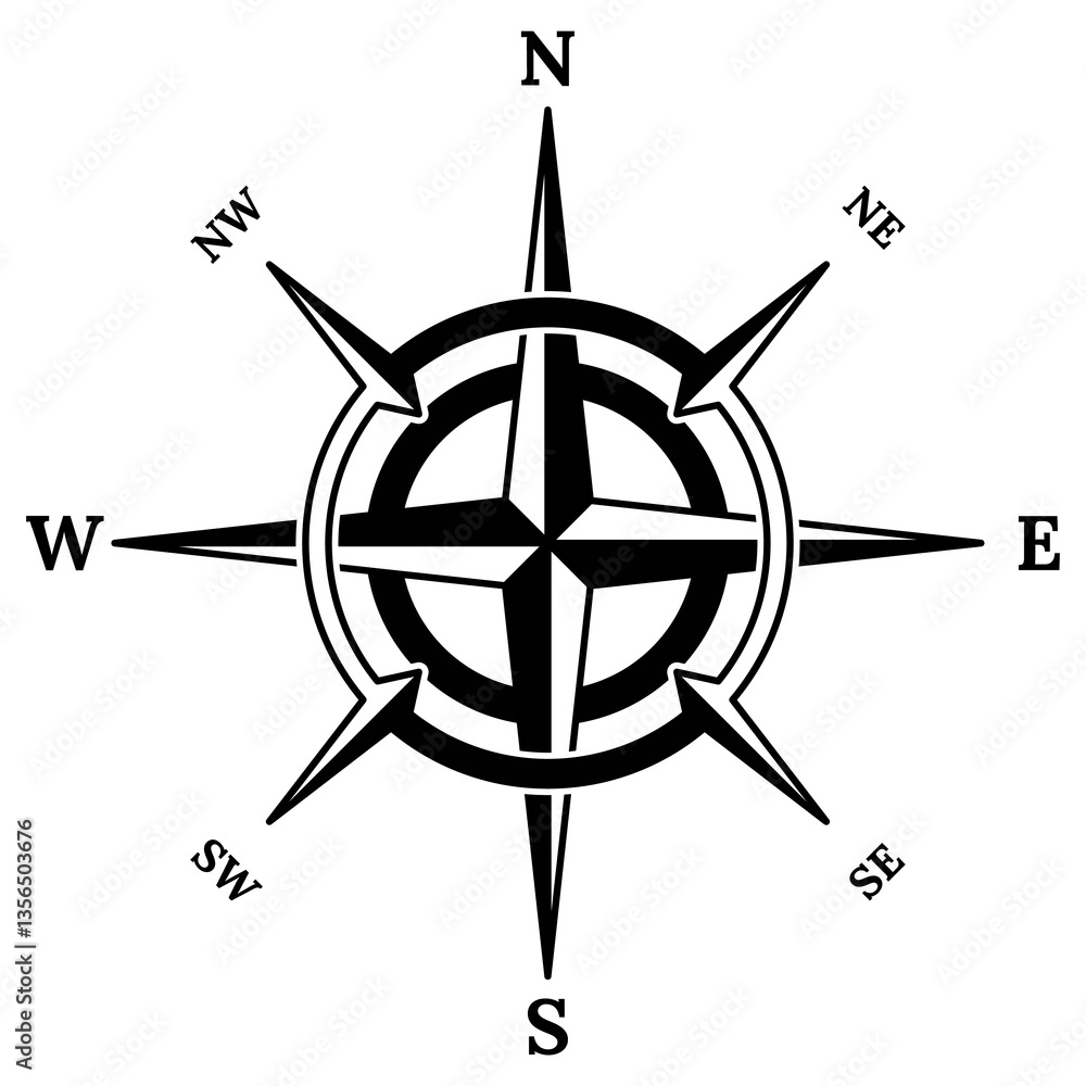 Retro compass icon. Hand drawn wind rose. Old design element for marine theme or heraldry. Vintage rose of wind for sea marine navigation