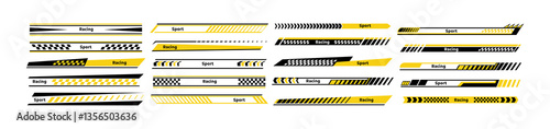 Obraz na płótnie Car race stripes set. Automobile identity. Vehicle marking elements for transport modifying. Speed lines, racing tuning strips or car stickers. illustration isolated on white background w salonie