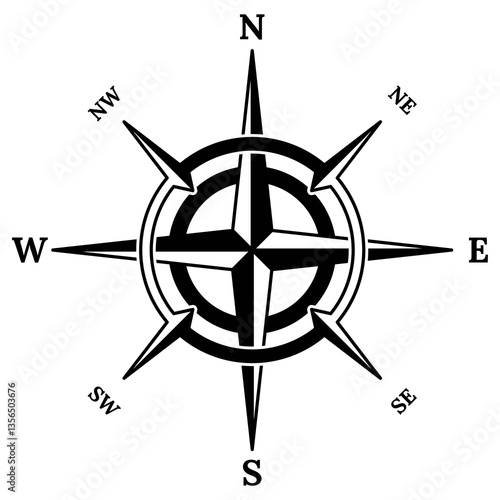Retro compass icon. Hand drawn wind rose. Old design element for marine theme or heraldry. Vintage rose of wind for sea marine navigation