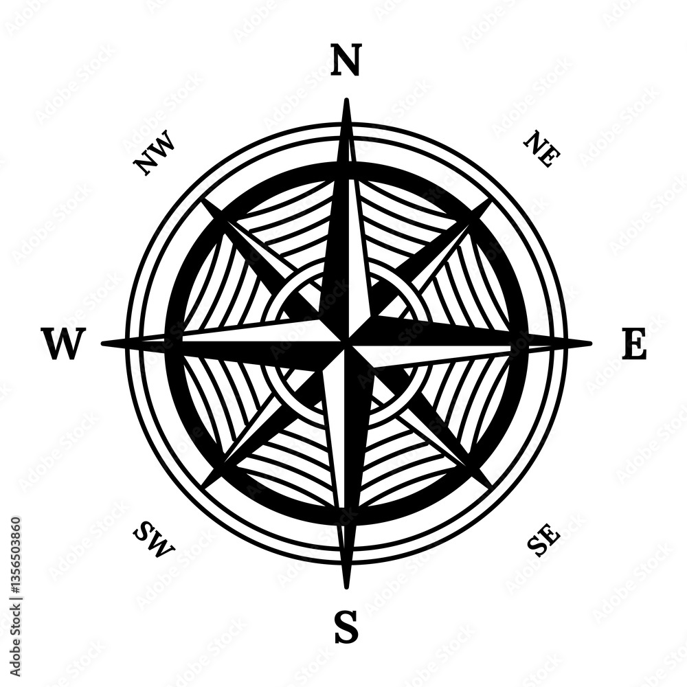 Retro compass icon. Hand drawn wind rose. Old design element for marine theme or heraldry. Vintage rose of wind for sea marine navigation