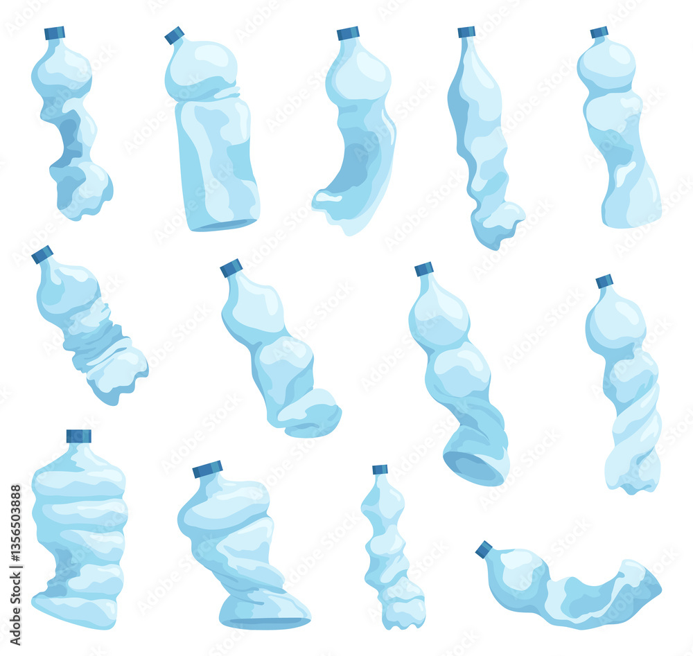 Crumpled bottles icon set. Broken plastic bottles, empty plastic containers, recyclable garbage eco concept. Recycling waste elements. isolated illustration