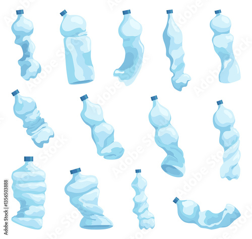 Obraz na płótnie Crumpled bottles icon set. Broken plastic bottles, empty plastic containers, recyclable garbage eco concept. Recycling waste elements. isolated illustration w salonie