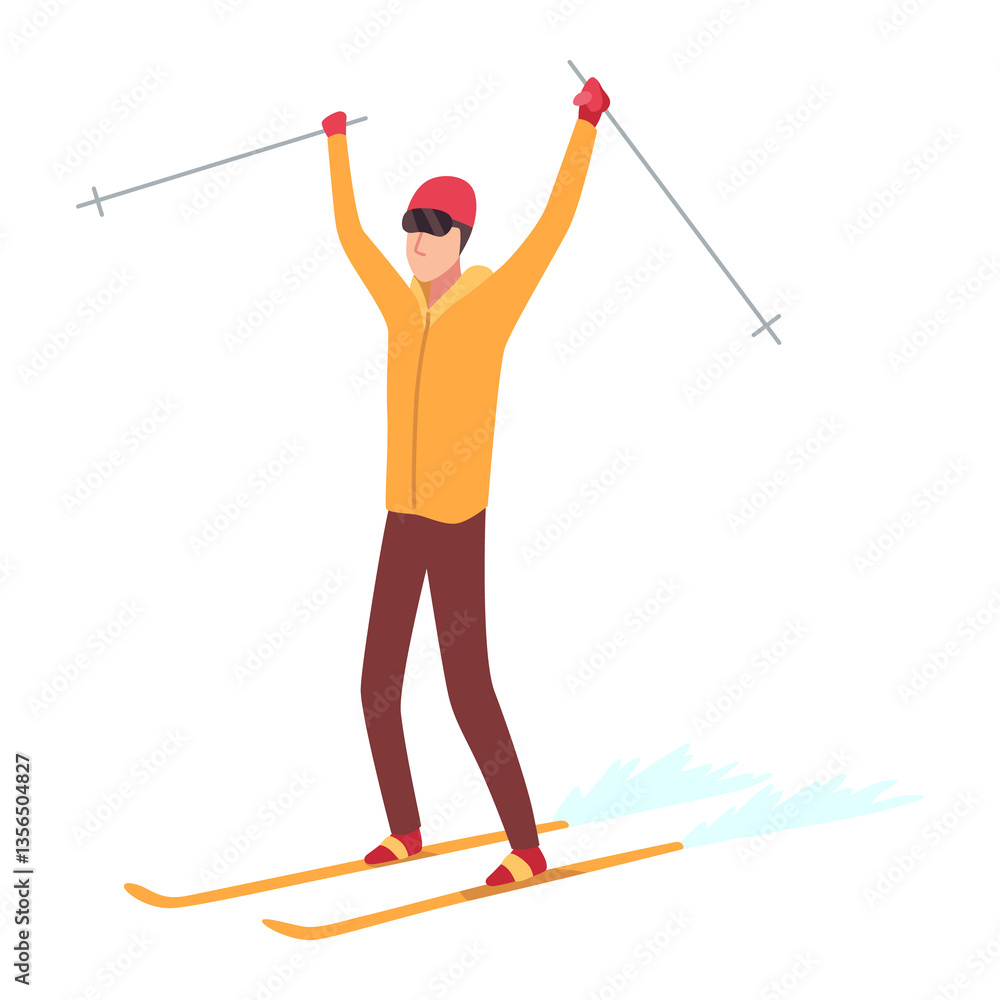 Man on mountain ski resort. Winter web banner design element. Sport on vacations or winter activity. Sports descent on skis in mountains hills. cartoon illustration