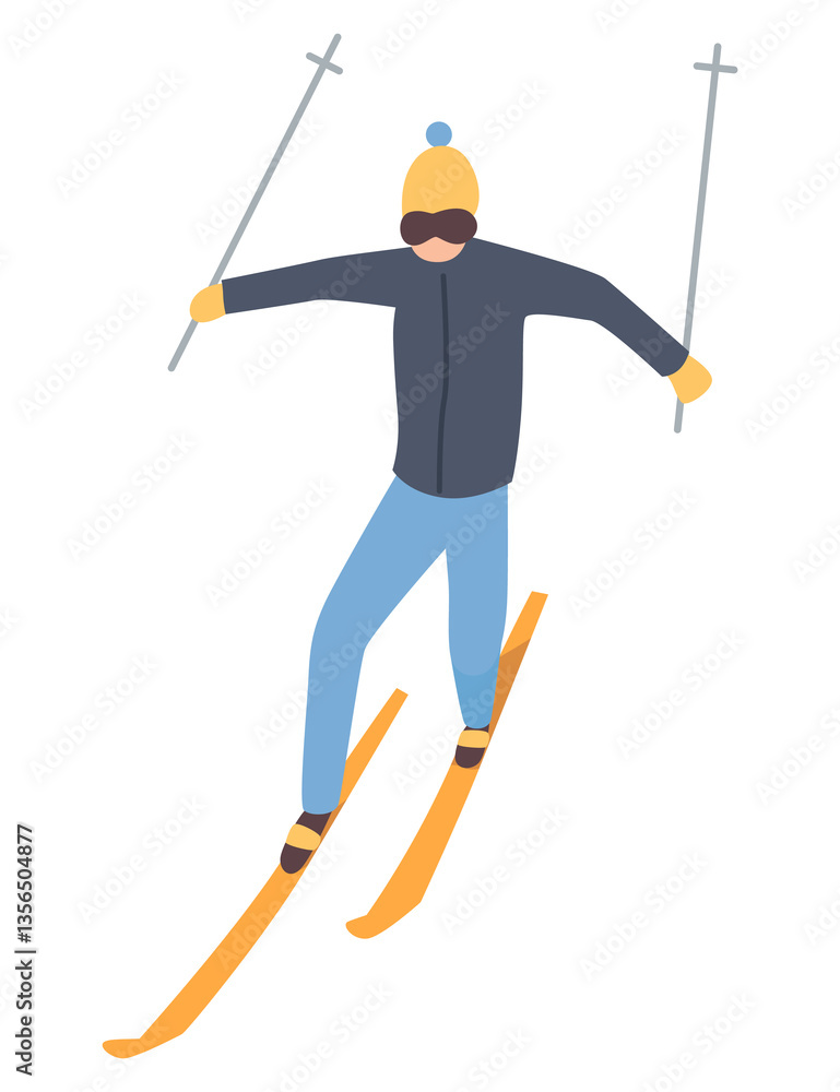 Man on mountain ski resort. Winter web banner design element. Sport on vacations or winter activity. Sports descent on skis in mountains hills. cartoon illustration