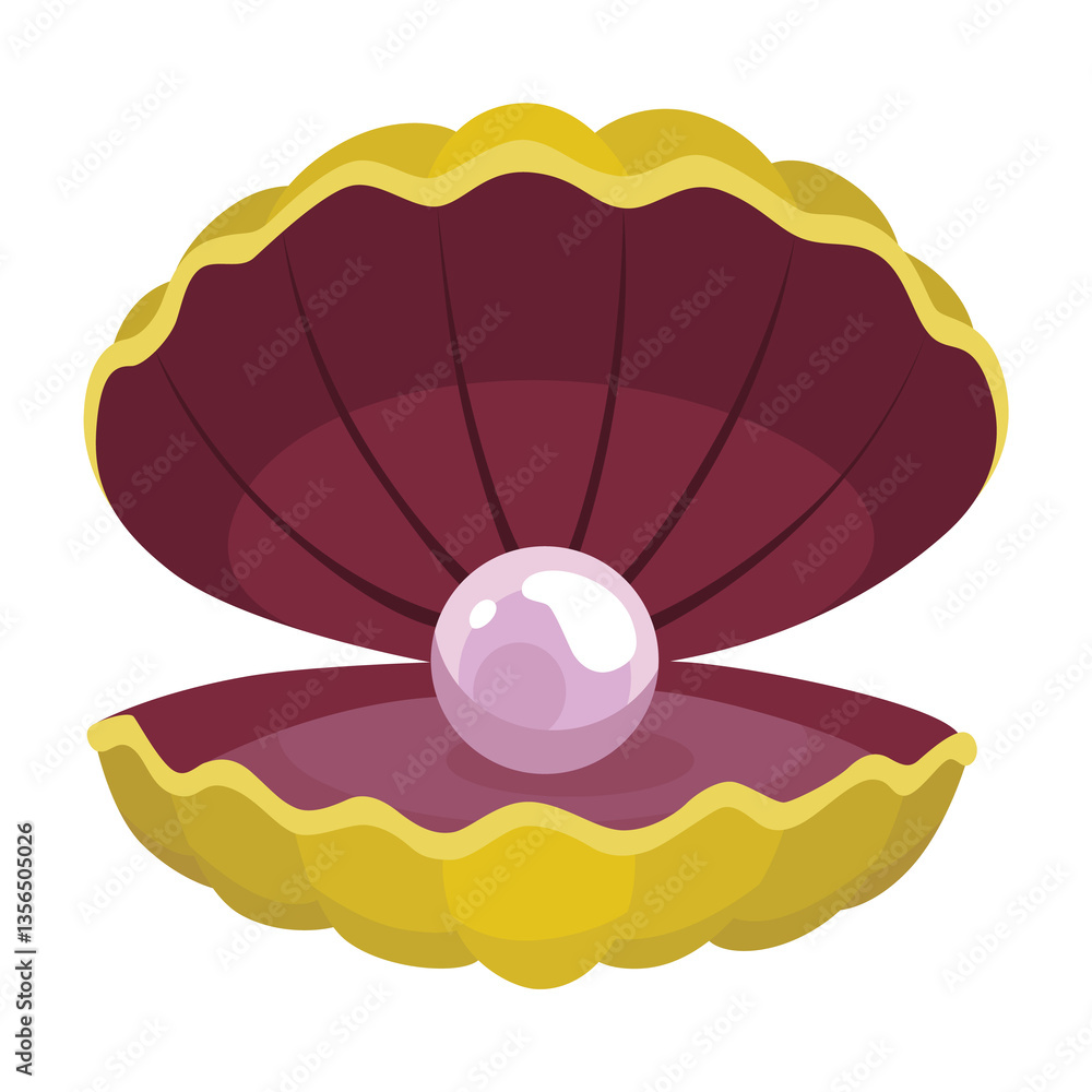 Pearl in seashell. Open seashell scallop and pearl shell icon. Beautiful pearl in clam shell in cartoon flat style. illustration isolated on white background
