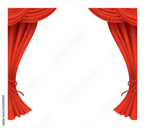 Red curtains realistic. Theater fabric silk decoration for movie cinema or opera hall. Curtains and draperies interior decoration object. Isolated on transparent for theater stage