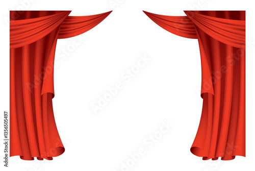 Red curtains realistic. Theater fabric silk decoration for movie cinema or opera hall. Curtains and draperies interior decoration object. Isolated on transparent for theater stage