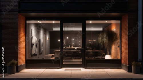 Wallpaper Mural Modern Brick Building Exterior at Night with Illuminated Interior and Sculpted Signage Torontodigital.ca