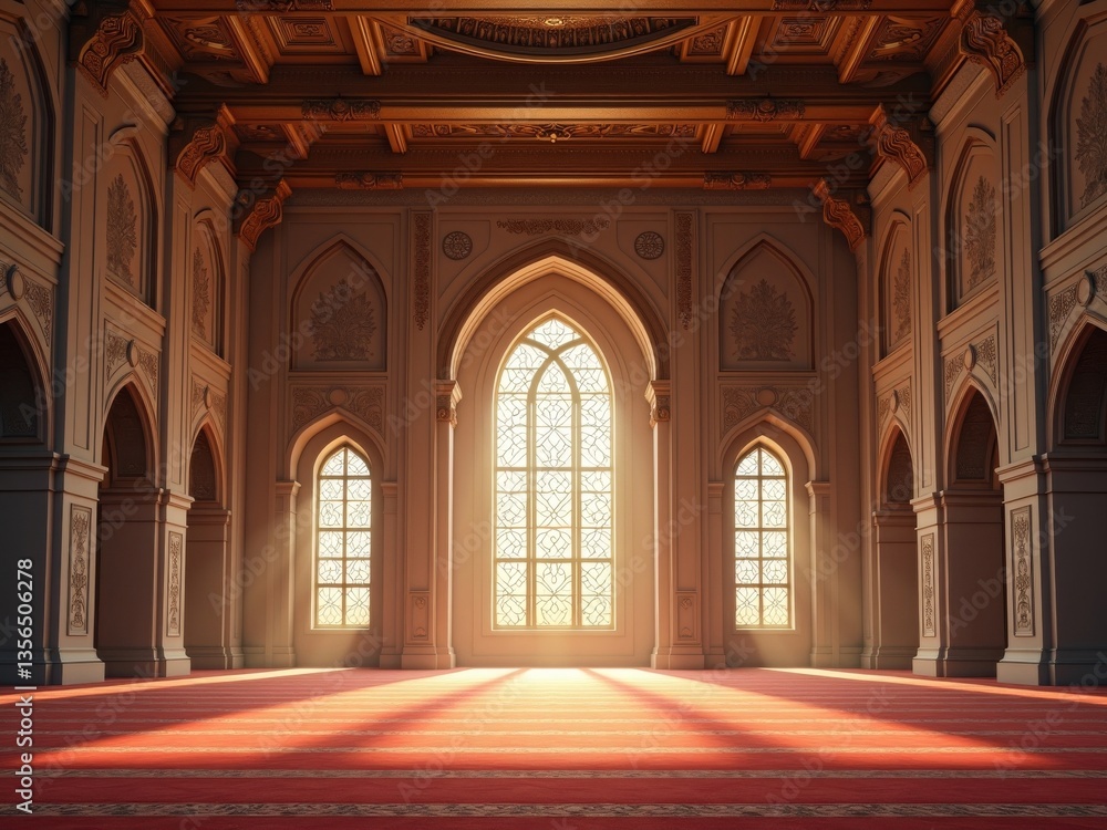 Fototapeta premium Sunlit ornate interior with arched windows, red carpet, and intricate architectural details