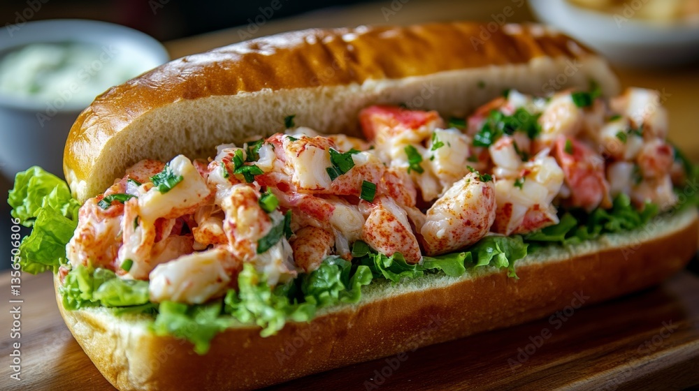 Delicious lobster roll served on a fresh bun with crisp lettuce and garnished with herbs Delicious lobster roll served on a fresh bun with crisp lettuce and garnished with herbs