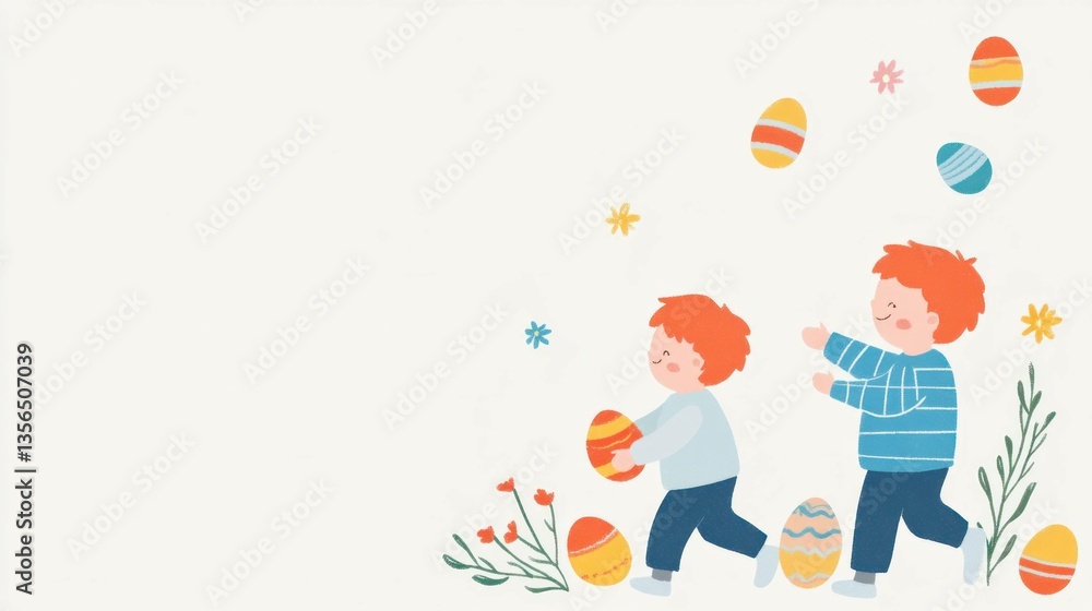 Happy children playing with colorful Easter eggs in a bright and cheerful illustration, capturing the joy of springtime and festive activities Happy children playing with colorful Easter eggs in a bright and cheerful illustration, capturing the joy of springtime and festive activities