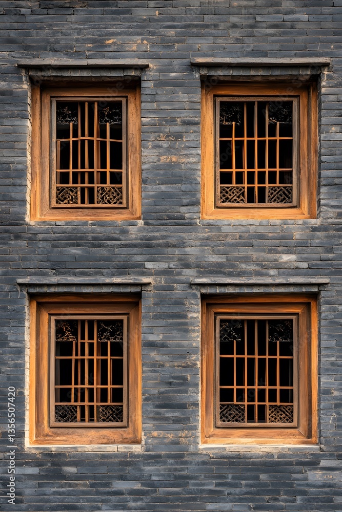 Ancient Chinese Brick Wall with Wooden Windows Ancient Chinese Brick Wall with Wooden Windows