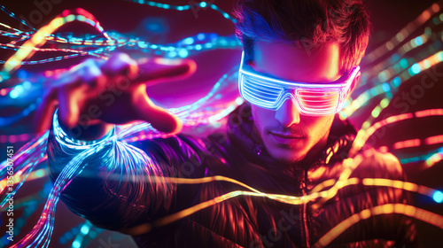A man interacts with a neural network display and the glowing connections of AI. The concept of technology, and the fusion of human intellect with advanced machine learning. Generative AI.
