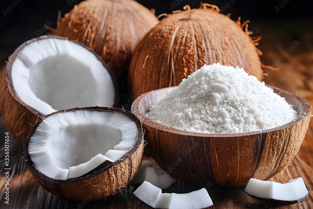 Fresh Coconuts and Desiccated Coconut Flakes in Wooden Bowl Fresh Coconuts and Desiccated Coconut Flakes in Wooden Bowl