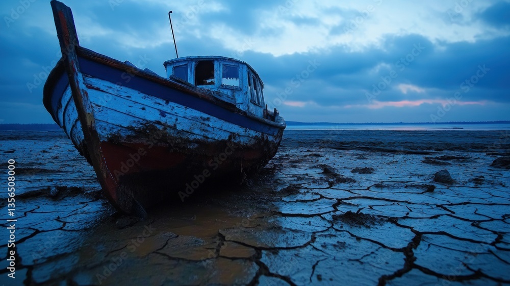 Abandoned boat on cracked mud flats at twilight Abandoned boat on cracked mud flats at twilight