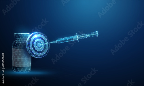 Bottle with medicine with a target and a blue syringe at the center. Precision medicine, targeted drug delivery concept. Low poly style.