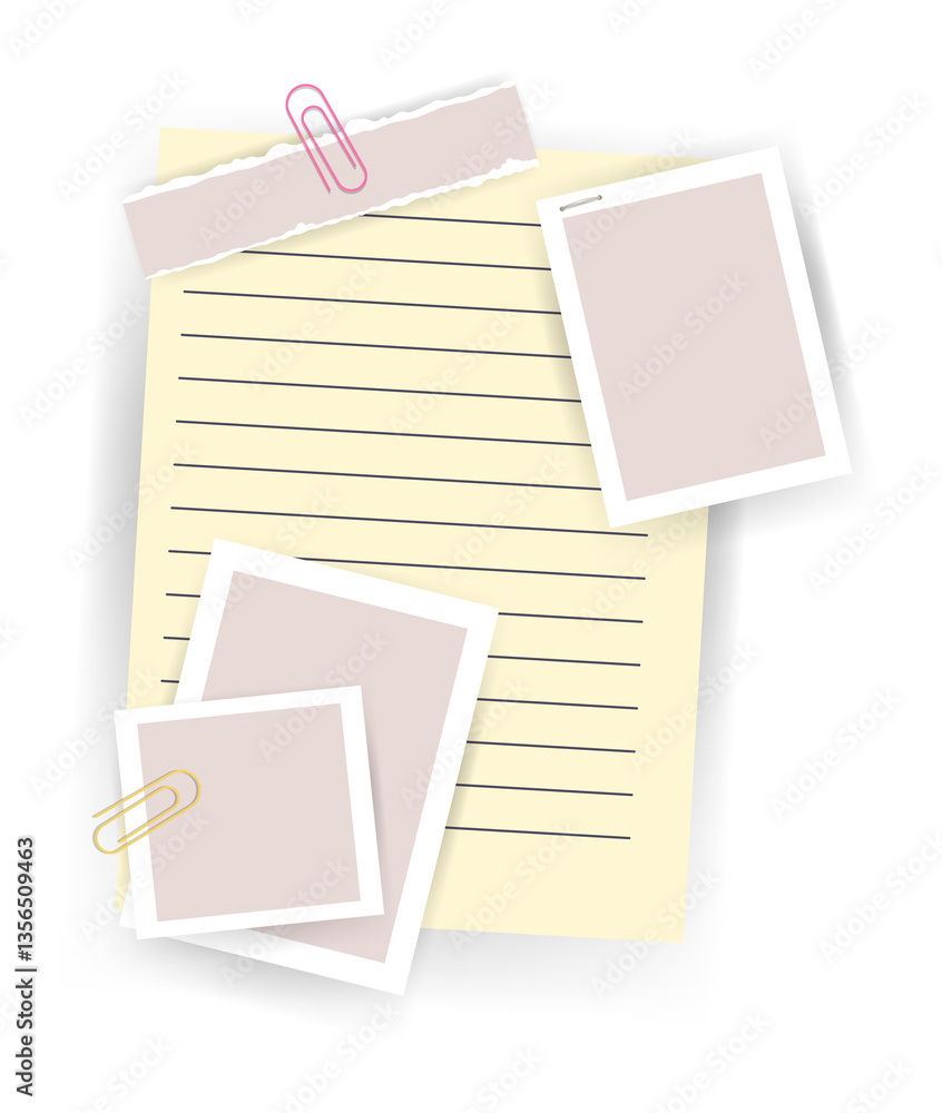 Paper notes stickers. Place for memo messages on paper sheets. Attached with sticky colorful tape on grey background isolated illustration