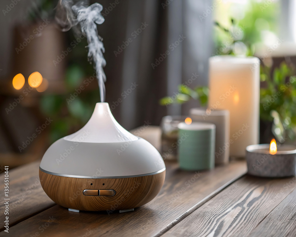 Wooden table with an essential oil diffuser. Wooden table with an essential oil diffuser.