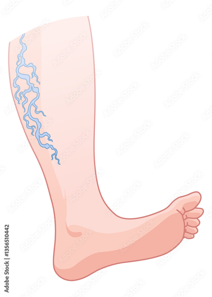 Varicose veins. Blue blood vessel visible through the skin, abnormally swollen leg. Vascular disease diagnostic and treatment. Venous insufficiency medical disease