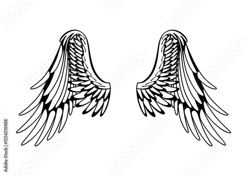 Obraz na płótnie Wings sketch. Stylized birds wings. Hand drawn contoured stiker wing in open position. design elements in coloring style w salonie