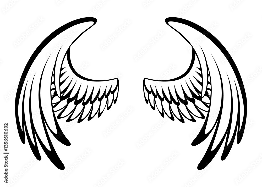 Wings sketch. Stylized birds wings. Hand drawn contoured stiker wing in open position. design elements in coloring style