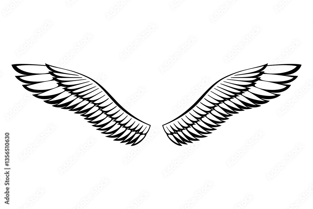 Wings sketch. Stylized birds wings. Hand drawn contoured stiker wing in open position. design elements in coloring style