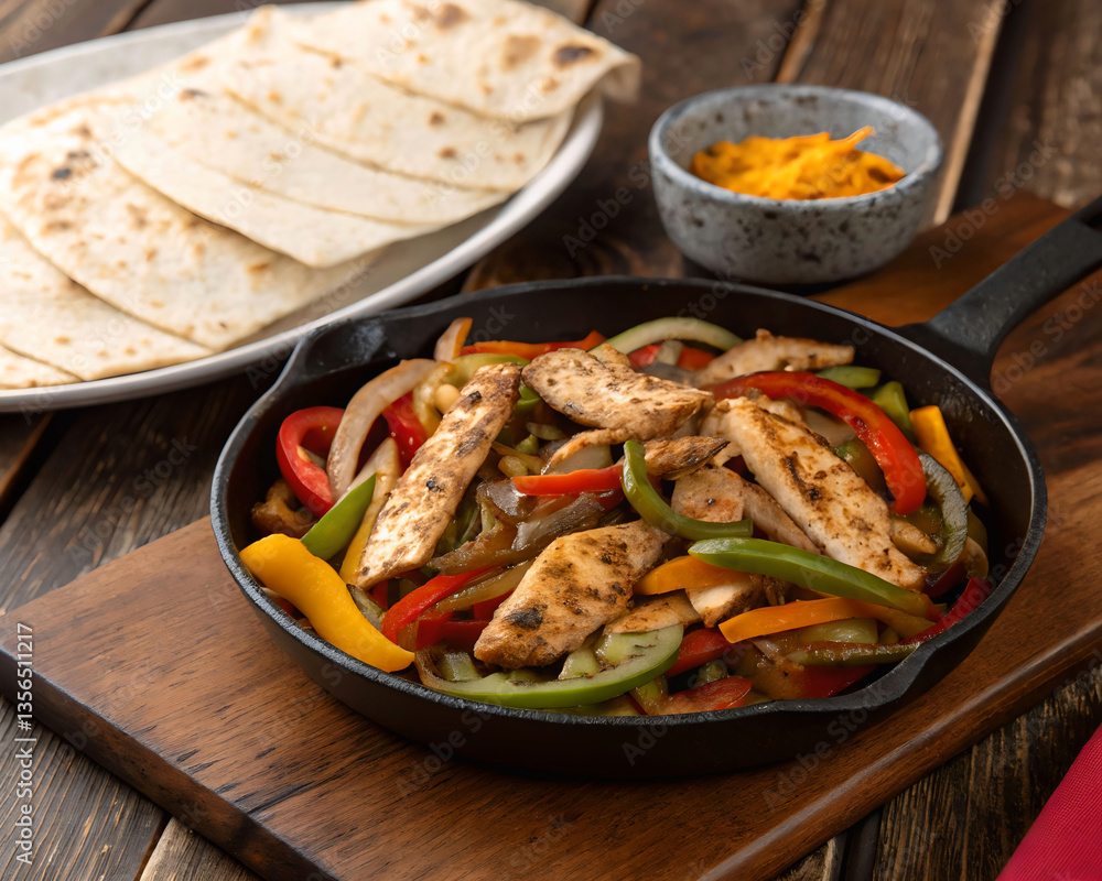 A black skillet filled with chicken and vegetables on a wooden table. A black skillet filled with chicken and vegetables on a wooden table.