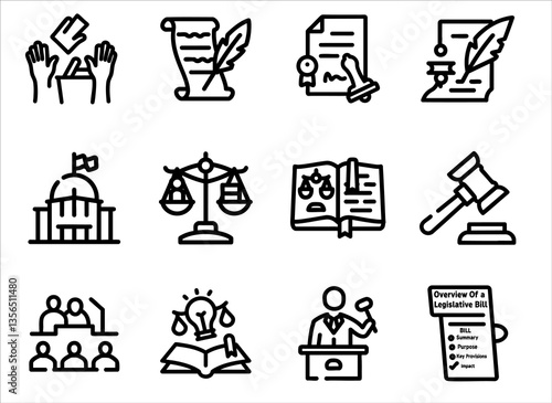 legislation policy enforcement concept. Legal symbols and icons representing law and governance.