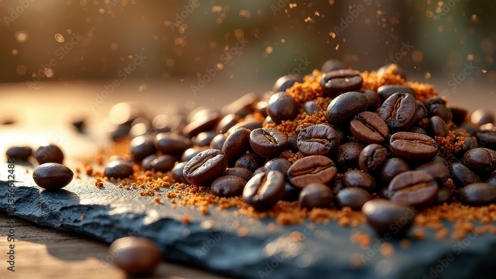 Close-up of fresh roasted coffee beans and ground coffee on slate surface in sunlight Close-up of fresh roasted coffee beans and ground coffee on slate surface in sunlight